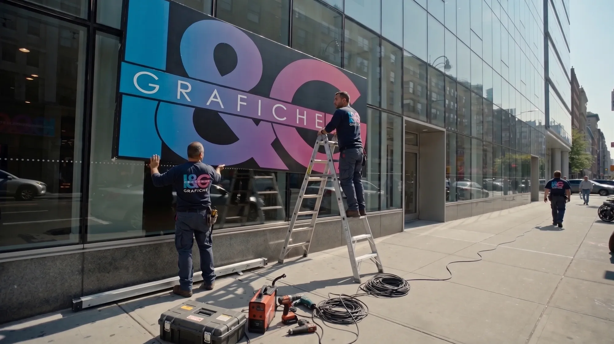 Team I&G Grafiche installa la grande insegna sulla facciata